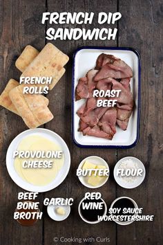 the ingredients for french dip sandwiches laid out on a wooden table with text overlay