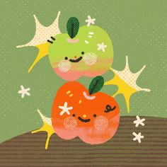 an illustration of two apples with faces and stars on them, one has eyes closed while the other is smiling