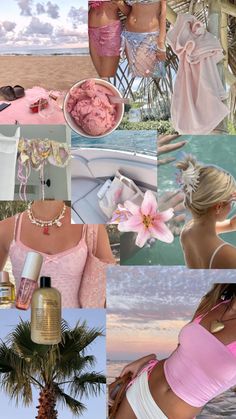 a collage of photos with women in bikinis and flowers on the beach, palm trees