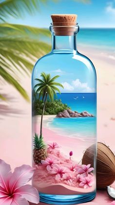 a bottle filled with water sitting on top of a beach next to a palm tree