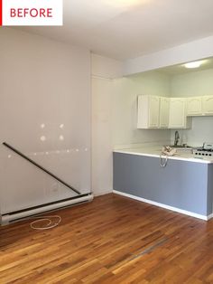 an empty kitchen with wood floors and white cabinets in the background, before and after remodeling