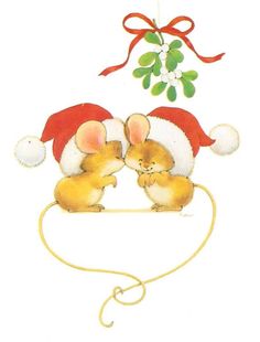 two mouses in santa hats on top of a white board under a mistle