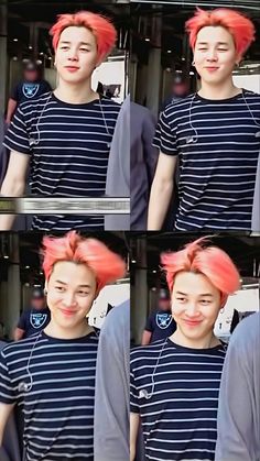 multiple shots of a young man with pink hair