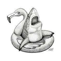 a drawing of a shark on an inflatable raft