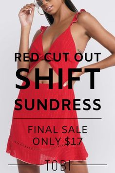 Save money on this short red cut out shift sundress. Get ready for sundress season by exploring the best sundresses for women in all styles and colors. You will find plenty of maxi and off the shoulder sundresses, short and flirty sundresses, or even strapless sundresses that will look great with sandals or heels all summer long. Shop the best selection of cute cheap sundresses and inexpensive sundresses from TOBI. Catch the TOBI dresses online sale happening now! #sundress