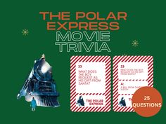 the polar express movie trivia is shown in front of a green background with red and white stripes