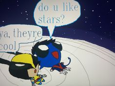 an image of two cartoon characters talking to each other in front of a screen with the caption do you like stars? ya they're cool