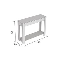 a white table is shown with measurements for the top and bottom shelf on each side