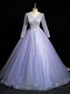 Purple Tulle Long Sleeve V-neck Sequins Quinceanera Dress Purple Tulle, Purple Gowns, Green Tulle, Quinceanera Dress, Blue Tulle, Black Tulle, Pink Tulle, Tulle Prom Dress, Grand Entrance