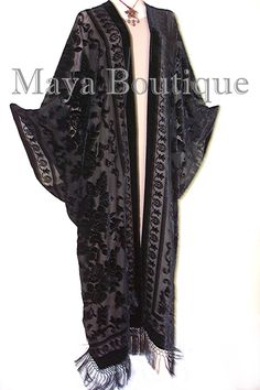 "DESCRIPTION Maya Matazaro Opera Caftan Kimono Duster Burnout Velvet Black Extra Long GORGEOUS SILK BURNOUT VELVET OPERA KIMONO CAFTAN OPEN FRONT & BOTTOM FRINGES The color is Black with a stunning burnout velvet roses design VERY ELEGANT !! ONE SIZE GREAT FOR ALL SIZES Extra Long - 55\" Plus 8\" fringes 52\" across Simply exquisite , it can be worn with many outfits. Thank you ! Photos are taken in different lighting" Alt Clothes, Roses Design, Kimono Duster, Burnout Velvet, Witchy Fashion, Long Sleeve Gown, Goth Fashion, Kimonos, Extra Long