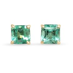 These earrings are not for the faint of heart! Featured here is a stunning set of Asscher cut Colombian emerald studs in fine 18K yellow gold. Displayed are super lustrous, light-green emeralds with incredible transparency, accented by a simple four-prong 18K yellow gold mount, allowing for the emerald to be shown in full view. The earth-mined, green Colombian emeralds have a desirable lush green color with excellent qualities. These earrings are ideal for everyday use and are the perfect access Luxury Square Cut Emerald Jewelry, Square Cut Emerald Jewelry In Yellow Gold, Classic Square Cut Emerald Jewelry, Gia Certified Square Cut Emerald Jewelry, Classic Square-cut Emerald Jewelry, Gia Certified Green Square Cut Jewelry, Square Cut Emerald Jewelry Gift, Rectangular Emerald Earrings Fine Jewelry, Square Cut Emerald Jewelry As A Gift