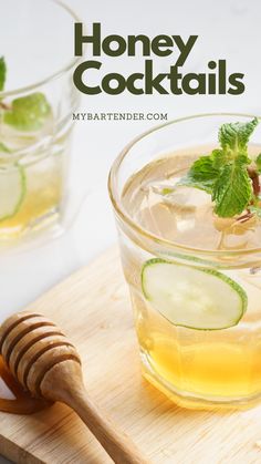 honey cocktails with cucumber and mint garnish