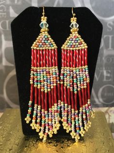 Seed Bead Fringe Earrings Long Red and Multicolored Metallic | Etsy Red Beaded Fringe Dangle Earrings, Red Dangle Jewelry With Bead Caps, Red Bohemian Beaded Earrings With Gold Beads, Bohemian Red Beaded Earrings With Gold Beads, Metallic Earrings, Seed Bead Fringe Earrings, Bead Fringe Earrings, Bead Fringe, Bead Work Jewelry