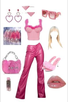 a pink outfit and accessories are arranged in the shape of a woman's body