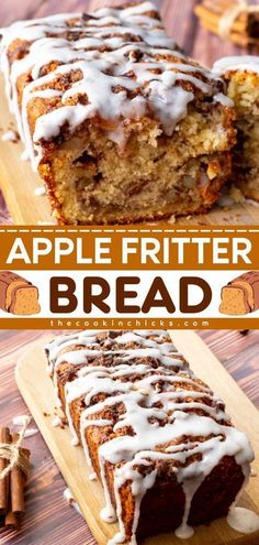 a loaf of apple fritter bread on a cutting board with icing and cinnamon sticks