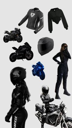 a woman standing next to a motorcycle and other items that are in the shape of a helmet