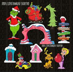 the grino christmas stickers are all in different colors and designs, including santa's sleigh