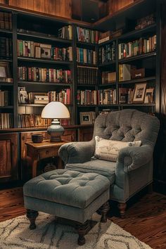 a chair and ottoman in front of a bookshelf with many books on it