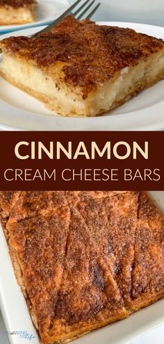 cinnamon cream cheese bars on white plates with fork and napkin in the background text reads, cinnamon cream cheese bars