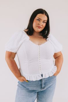 Fall in love with our PLUS SIZE Unconditional Love Top! Adorned with playful puffy sleeves and a flirty hook-front closure, this top will make you feel confident and charming. The sweetheart neckline adds a touch of sweetness to any outfit. Perfect for a fun and carefree look! Details Puffy sleeves Hook-front closure Sweetheart neckline Sizing Approximate measurements: SIZE LENGTH BUST 1XL 24" 46" 2XL 26" 48" 3XL 26" 50" Fabric has stretchModel is 5'6" wearing size 1XL Material 90% Polyester 10% Puffy Sleeves, Unconditional Love, Top Sales, Feel Confident, Sweetheart Neckline, Make You Feel, Fall In Love, In Love, How Are You Feeling