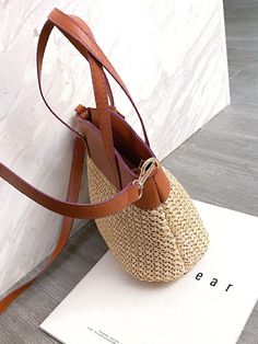 OrcaJump - Bolso de paja con doble asa de PU - Carteras de mujer Casual Brown Shoulder Bag For Spring, Trendy Brown Bucket Bag For Spring, Spring Brown Crossbody Bucket Bag, Casual Brown Bucket Bag For Summer, Vacation Bag, Color Khaki, Olivia Mark, For Love, Straw Bag