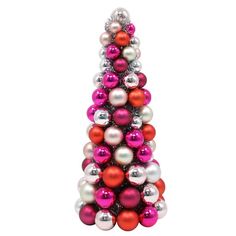 a christmas tree made out of ornaments on a white background with red, pink and silver balls