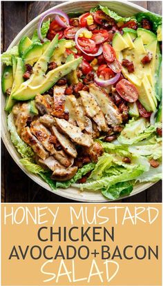 the chicken avocado salad has been made with honey mustard and lettuce