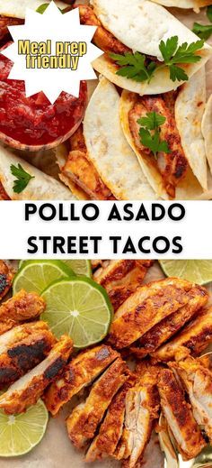 mexican food with text overlay that reads, poloo asado street tacos