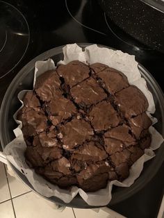 a chocolate cake sitting on top of a pan