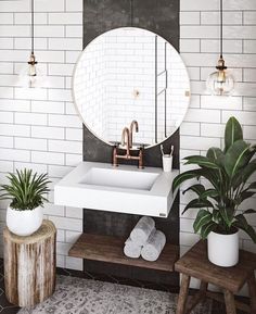 a bathroom with a sink, mirror and potted plants on the side table in front of it