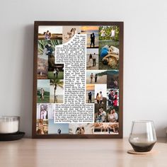 a collage of photos is displayed on a table next to a glass and candle