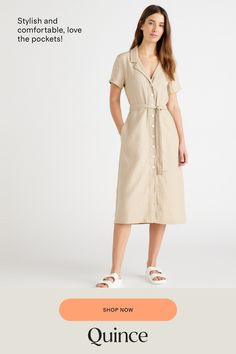 This midi linen dress should be in every wardrobe. Made from 100% organic linen and designed to be versatile, with elegant buttons down the front, and two pockets at the waist, and adjustable removable belt for the perfect fit.  | Quince | Women's Short Sleeve Dress in Driftwood, Size Large, Linen Beige Linen Dress For Workwear, Beige Linen Dress For Work, Spring Linen Midi Dress With Button Closure, Casual Linen Button-up Midi Dress, Casual Linen Midi Dress With Button Closure, Beige Linen Midi Dress For Work, Beige Linen Shirt Dress With Button Closure, Linen Midi Dress With Button Closure, Beige Linen Knee-length Midi Dress