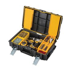 an open tool box filled with tools on a white background