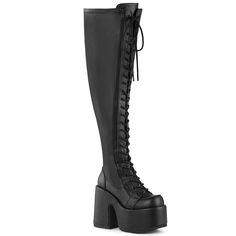 Demonia Camel-300 Wide Calf Black Vegan With A 5" (127mm) Chunky Heel, 3" (76mm) Platform Lace-Up Stretch Wide Calf Thigh-High Boot, Full Length Outside Metal Zip Closure, Cam300wc/Bvl Calf And Thigh Measurements: Size 6: Calf - 16" / Thigh - 20" Size 7: Calf - 16" / Thigh - 20" Size 8: Calf - 17" / Thigh - 21" Size 9: Calf - 17" / Thigh - 21" Size 10: Calf - 17" / Thigh - 21" Size 11: Calf - 17" / Thigh - 21" Size 12: Calf - 18" / Thigh - 22" Free Shipping And Brand New In Box If You Don't See Demonia Collection, Wide Calf Thigh High Boots, Alternative Shoes, Demonia Shoes, Festival Shoes, Punk Boots, Black Platform Boots, Gogo Boots, Cosplay Shoes