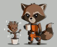 a cartoon character holding a coffee cup next to a baby groote