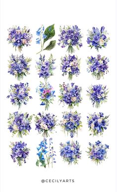 blue flowers are arranged in rows on a white background