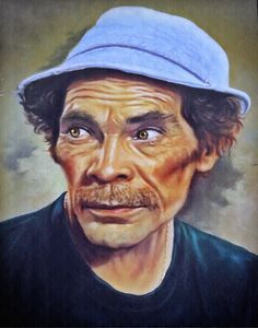 a painting of a man wearing a blue hat and black shirt with his eyes wide open