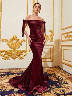 Off Shoulder Knot Detail Floor Length Velvet Formal Dress | SHEIN USA Velvet Formal Dress, Shoulder Knots, Womens Prom Dresses, Fishtail Dress, Pretty Prom Dresses, Women Formals, Formal Dresses For Women, Formal Evening Dresses, Amazing Products