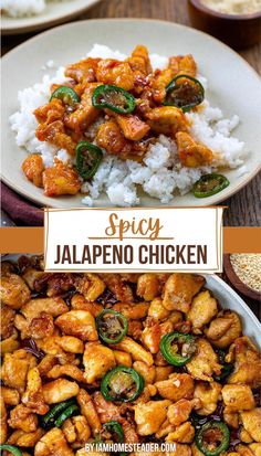 two plates with chicken, rice and peppers on them next to the words spicy jalapeno chicken