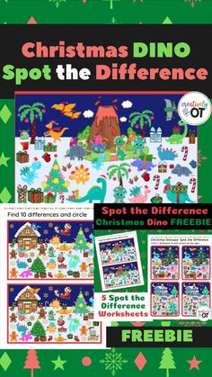 christmas dino spot the differences game for kids to play with their friends and family, including freebie