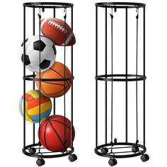 two black metal racks with different types of sports balls in them and one holding a basketball