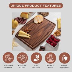 an image of a wooden cutting board with cheese, nuts and fruit on the side