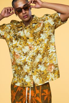 Men’s Short Sleeve Pajama Camp Shirt - Yellow Botanical - 1 of 7 Relaxed Fit Yellow Printed Hawaiian Shirt, Yellow Cotton Hawaiian Shirt With Floral Print, Yellow Hawaiian Shirt With Camp Collar For Spring, Yellow Hawaiian Camp Shirt With Camp Collar, Yellow Floral Print Hawaiian Shirt For Summer, Yellow Camp Collar Hawaiian Shirt For Spring, Yellow Camp Shirt With Relaxed Fit, Yellow Camp Shirt With Relaxed Fit And Camp Collar, Yellow Floral Print Top With Camp Collar