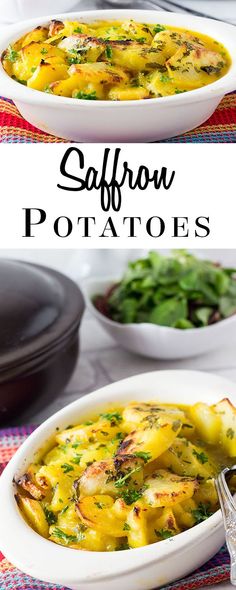 two pictures of different types of food in white bowls