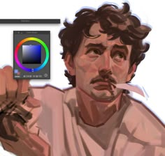 a drawing of a man with his finger pointing at the color picker in front of him