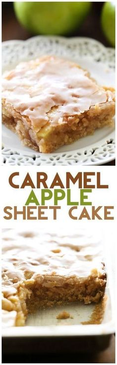 caramel apple sheet cake on a white plate with apples in the background and text overlay