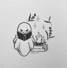 a drawing of a person reading a book and holding a lit candle in their hand