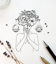 a drawing of a woman holding flowers in her hands with the sun above her head