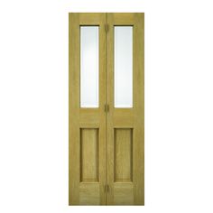 an oak double door with glass panels and two sidelights on the top half of it