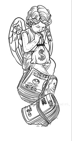 an angel sitting on top of stacks of money with her hands in her pockets, and holding